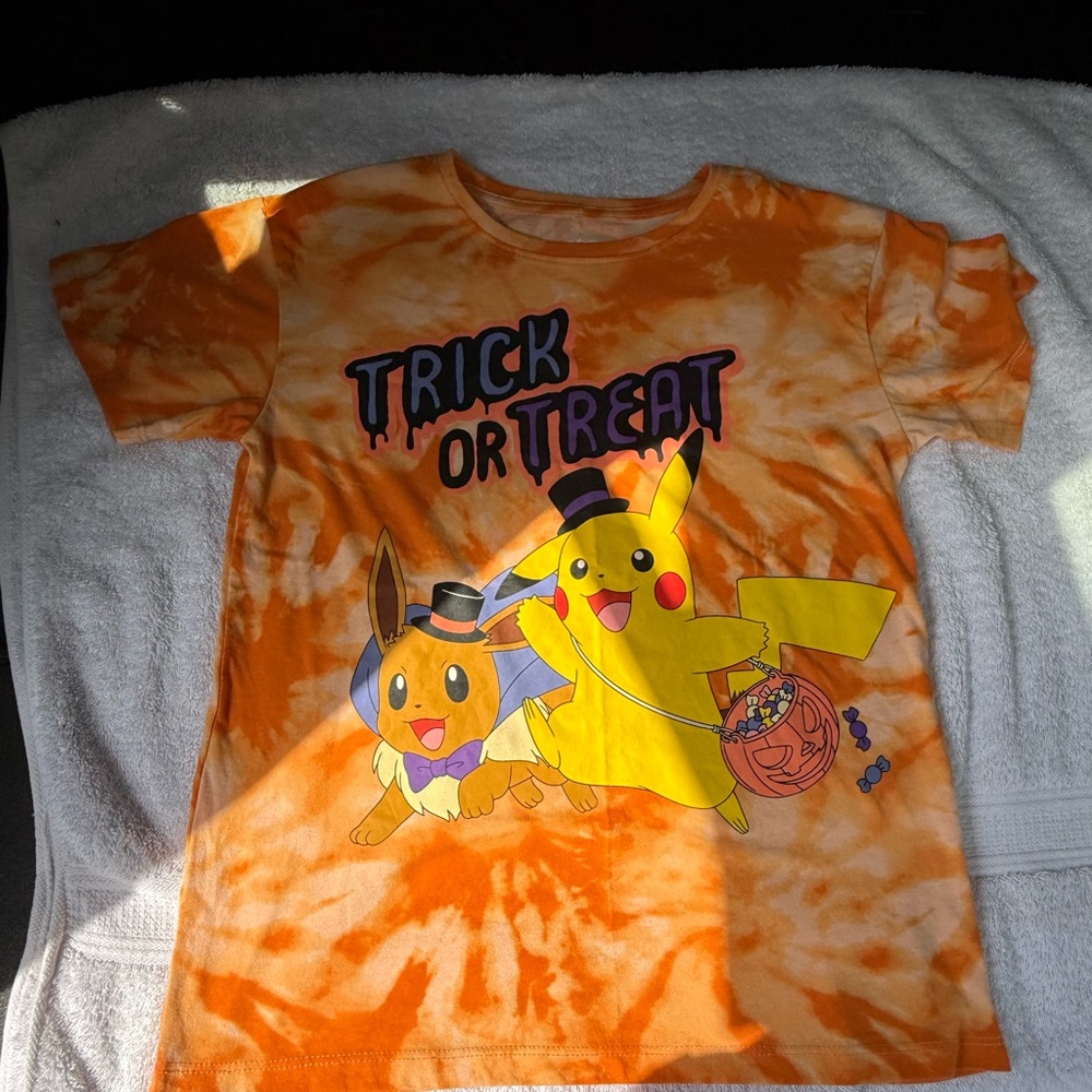 Orange Tie-Dye Kids Shirt with Pikachu and Eevee